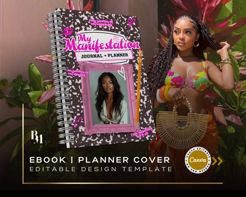 May include: A black and white planner cover with pink accents. The cover features the text "My Manifestation Journal + Planner" and several inspirational quotes. The cover is designed to be used as a template for an ebook or planner.