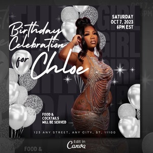 Birthday Party Flyer Template For Canva | DIY Event Flyer | Party Flyer| Birthday Party Invitation Flyer| Girl Birthday Flyer | Black Silver