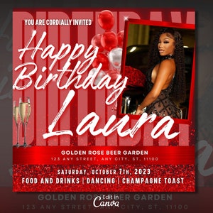 Birthday Party Flyer Template For Canva | DIY Event Flyer | Party Flyer| Birthday Party Invitation Flyer| Grown Woman Birthday Flyer | Red