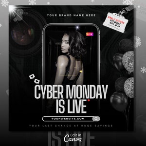 Könnte beinhalten: Schwarz-weiße Werbegrafik für den Cyber Monday. Eine Frau wird in einem Smartphone-Bildschirm gerahmt, mit dem Text "CYBER MONDAY IS LIVE" und der Website-Adresse. Enthält ein Etikett mit der Aufschrift "EARLY ACCESS SAMSTAG 25. NOVEMBER".