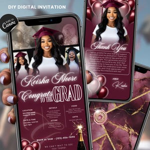 May include: Digital graduation invitation on a smartphone. The design features a photo of a graduate in a maroon cap and gown, with text that reads "Congrats to the Grad" and event details. The background is a maroon and gold marble design.