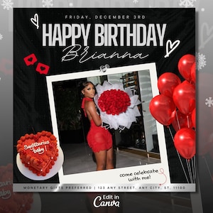 Peut inclure: Une invitation à une fête d'anniversaire avec un fond noir et des accents rouges. L'invitation présente une photo d'une femme tenant un bouquet de roses rouges, un gâteau en forme de cœur avec un glaçage rouge et des ballons rouges. Le texte de l'invitation indique "Joyeux anniversaire Brianna !" et comprend la date, l'heure et le lieu de la fête.