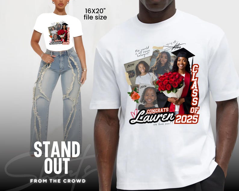 K&ouml;nnte beinhalten: Wei&szlig;es T-Shirt mit einem Abschlussdesign mit einer Collage aus Fotos, roten Rosen und dem Text "Class of 2025 Congrats Lauren we love you!!"