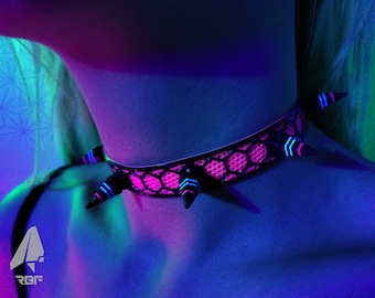 PERF-HEx Pink Rubber Spike Choker (UV Reactive, Necklace, Artwear, Rave Accessories, Rave, Fluorescent, Black Light, Neon, Glow, Party)
