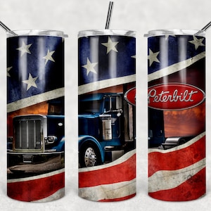 May include: A blue Peterbilt semi-truck with a red logo is featured on a stainless steel tumbler. The tumbler is wrapped with a distressed American flag design.