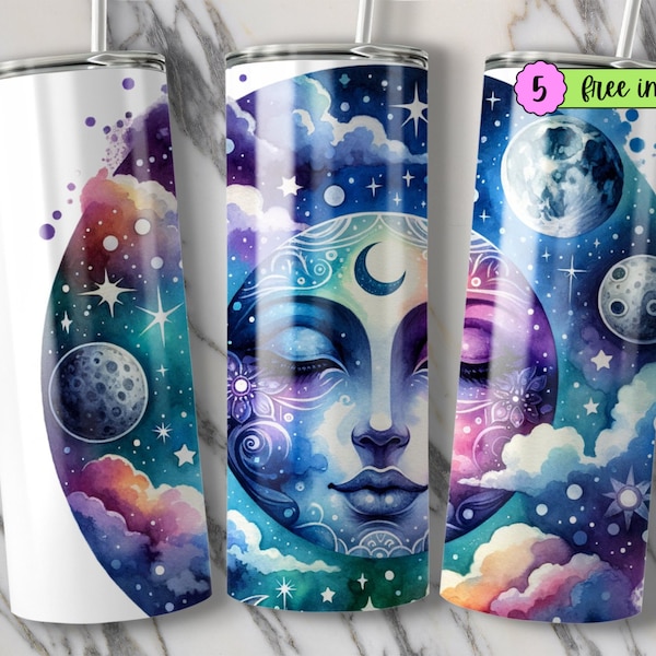 Celestial Moon Face Watercolor Tumbler Design, Digital Download, Galaxy Stars Space Artwork, High-Resolution, Colorful, Unique