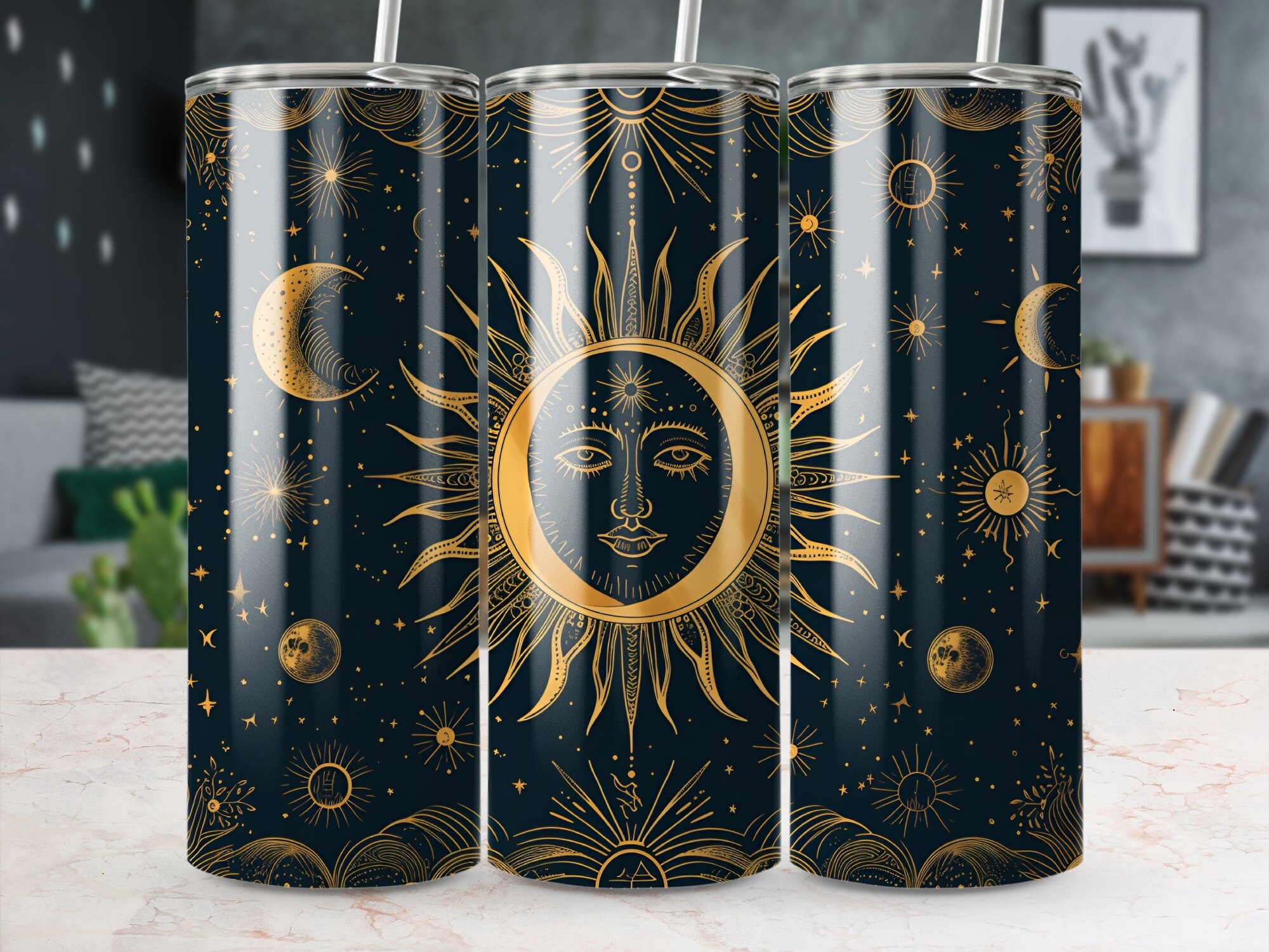 Celestial Sun and Moon Tumbler Design, Digital Download, Gold Navy ...