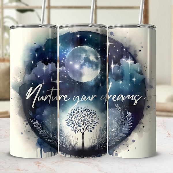 Inspirational Moon Quote Digital Tumbler Wrap, Dreamy Night Sky Design, Celestial Watercolor Art