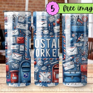 Postal Worker 20 oz Skinny Tumbler Wrap Sublimation Design, Cute Mail Carrier Letter Stamp Collage, Digital Download PNG