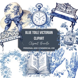 Blue Toile Victorian Teatime Clipart Bundle (Digital Download)