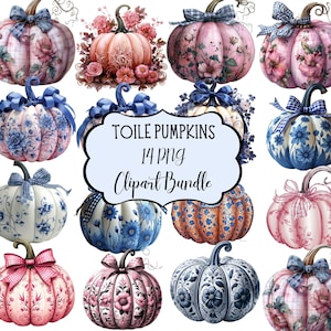 May include: A collection of 14 decorative pumpkins with floral and toile patterns. The pumpkins are in various colors, including pink, blue, and orange, and are adorned with bows. The text "TOILE PUMPKINS 14 PNG Clipart Bundle" is displayed.