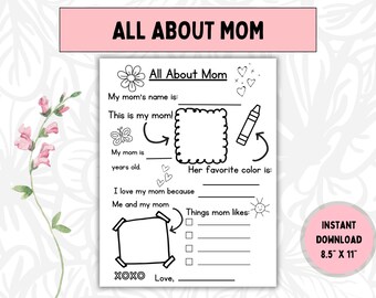 Mothers Day Printable | Mothers Day Gift | Mothers Day Questionnaire | Gift From Kids | All About Mom Questionnaire | Mothers Day Activity