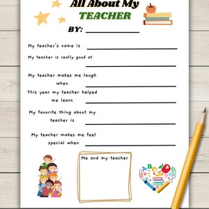 All About Teacher Printable | End of Year Teacher Gift | Teacher Appreciation | Teacher Appreciation Gift | Gift for Teacher