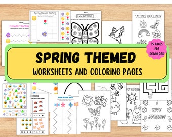 Spring Preschool Worksheets,  Printable Learning Activities, Tracing and Counting, Fine Motor Skills, Spring Coloring Pages