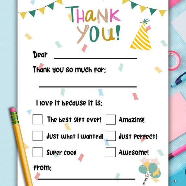 Kids Birthday Thank You Note | Fill In The Blank Thank You Card | Birthday Thank You | Thank you from Kids | Kids Printable Thank You Note