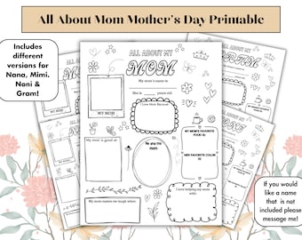 Mothers Day Printable | Mothers Day Gift | Mothers Day Questionnaire | Gift From Kids | All About Mom Questionnaire | Mothers Day Activity