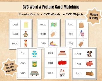 Juego de asociación de palabras CVC, actividad fonética para jardín de infantes, material imprimible para el centro de alfabetización, tarjetas didácticas CVC, palabras CVC para niños, vocales cortas