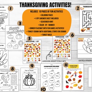 Könnte beinhalten: Aktivitätsseiten zum Thema Thanksgiving mit Ausmalbildern, Suchbild, Schnitzeljagd und mehr. Enthält ein Truthahn-Labyrinth, Malen nach Zahlen und eine Truthahnkrone. Ideal für Kinderaktivitäten während der Ferienzeit.