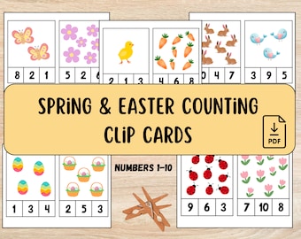 Tarjetas de conteo y recortes de primavera / Actividad de matemáticas preescolar / Conteo Montessori del 1 al 10