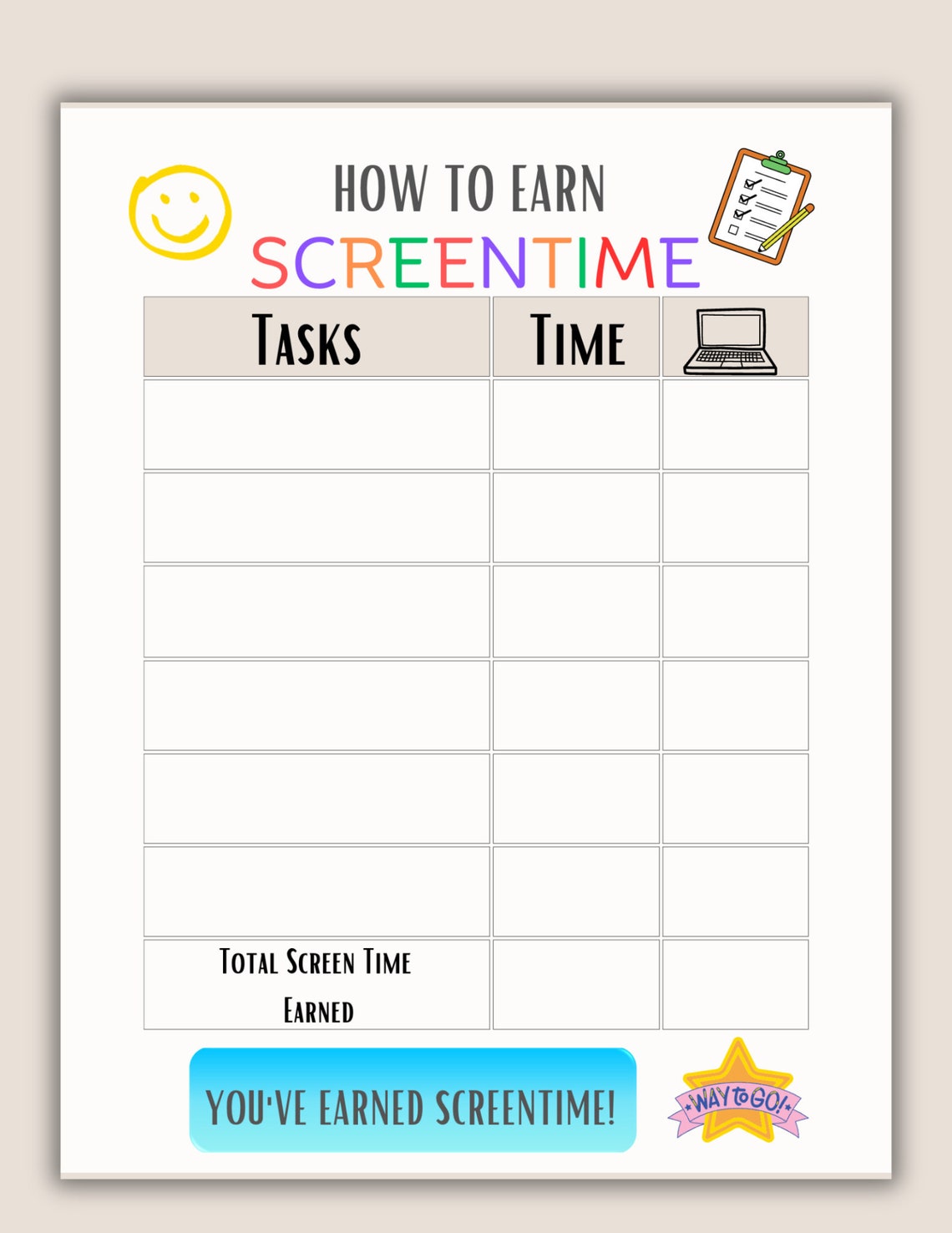 Screen Time Chart Checklist| Printable Screen Time Chore Chart | Daily ...