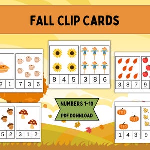 Schede di conteggio autunnale, conteggio prescolare 1-10, matematica prescolare, riconoscimento dei numeri per l'asilo 1-10, attività di conteggio, Montessori
