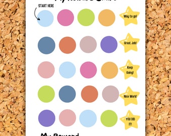 May include: A printable reward chart with colorful circles and stars. The chart has the text "My Reward Chart" at the top and "My Reward" at the bottom. The chart is designed to help children track their progress and earn rewards.
