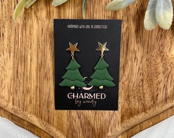 Green Pine Tree, Christmas Tree, Holiday Earrings, Star Stud