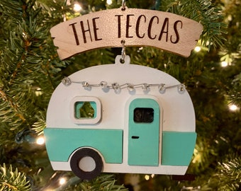 Customizable Vintage Camper Christmas Ornament - Add your last name