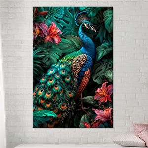 Peacock large canvas wall art prints Tropical wall decor Colorful bird painting Peacock print Living room decor