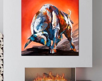 Cuadro decorativo de pared con la imagen de un toro en plena postura, ideal para decorar la sala de estar.