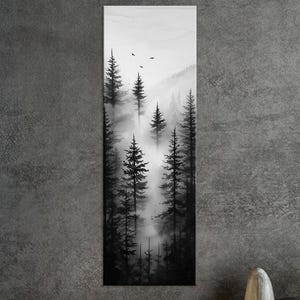 Foggy Forest canvas print Misty Landscape Black White wall art Long Vertical Nature decor Tall Narrow canvas