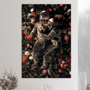 NASA Astronaut Couple large canvas wall art prints Space wall art Astronauts in flowers print Romantic couple gift