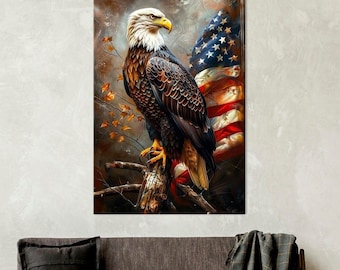 Lienzo impreso con la bandera estadounidense y el águila calva patriótica, arte de pared para oficina, listo para colgar.