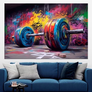 Gym large canvas wall art prints Barbell graffiti art Motivational fitness print Weightlifting decor Home gym wall art