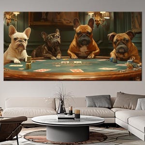 Impression sur toile Chiens jouant au poker Bouledogue français cartes à jouer art mural Cadeaux de poker Grande décoration de salle de jeux