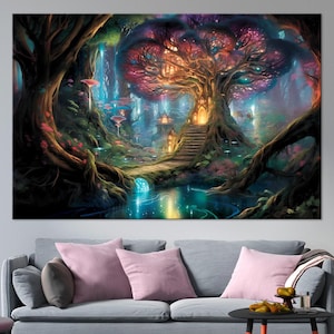 Enchanted Forest large canvas wall art prints Nursery decor Magical Fantasy Tree print Fairy Forest wall art