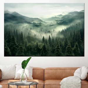 Foggy Mountain large canvas wall art prints Nature wall art Forest landscape print Misty Pine Trees Living room decor