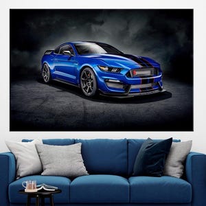 Ford Mustang GT large canvas wall art prints Blue Mustang wall art Retro car print Shelby automotive decor Office wall art