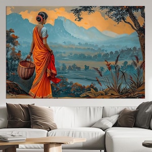 Indian Woman large canvas wall art prints Indian home decor Ethnic art Indian landscape print Traditional cultural wall art