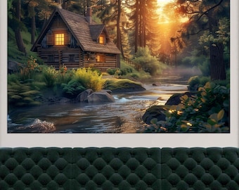 Lienzo decorativo de cabaña en el bosque, impresión de paisaje de río rústico