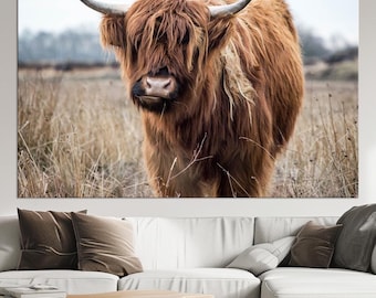 Highland Cow large canvas wall art prints Farmhouse decor Scottish cow print Highland bull painting Rustic wall art