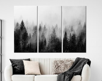 Misty Forest canvas wall art Foggy Forest Landscape wall art Morning Fog art Pine Tree print Calming Living room wall art