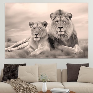 Lion Lioness large canvas wall art prints Lion Family sepia print Safari Animals wall art Gift for couple Bedroom decor