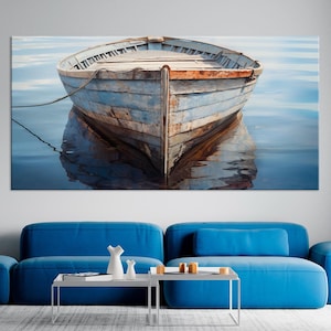 Wooden Boat large canvas wall art prints Rustic wall decor Boat on lake landscape print Old boat art Lake house decor
