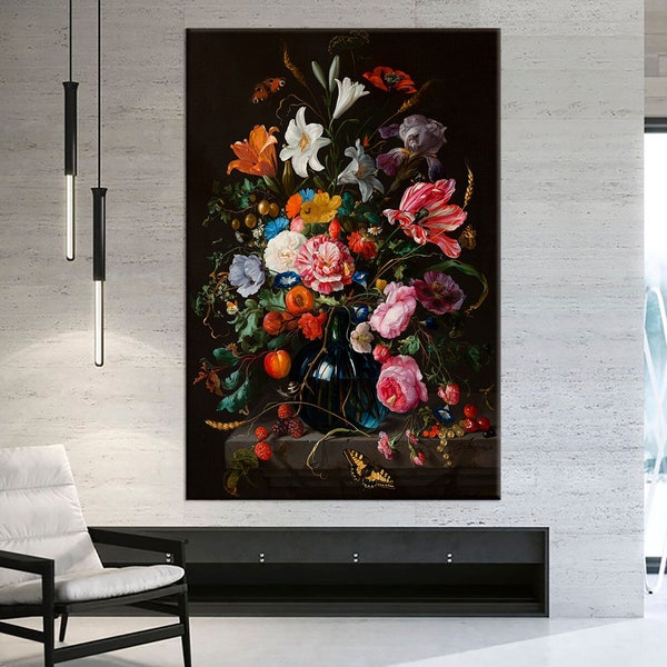 Vase of Flowers canvas print Jan Davidsz de Heem art Dark Floral print Reproduction De Heem print Floral wall art Living room wall art