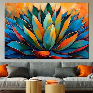 May include: Large wall art featuring a vibrant, abstract depiction of a succulent plant. The artwork showcases a striking contrast of blue, orange, and green hues. The painting hangs above a gray sofa with orange throw pillows and wooden side tables.