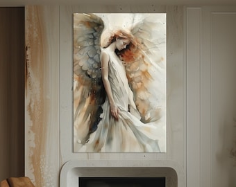 Guardian Angel canvas wall art Woman with Wings Religious print Abstract Angel painting print Large canvas art