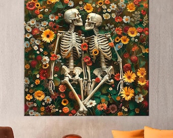 May include: A square wall art print featuring two skeletons lying together amidst a dense field of vibrant flowers. The skeletons are positioned facing each other, surrounded by a colorful array of yellow, orange, red, and white blossoms.