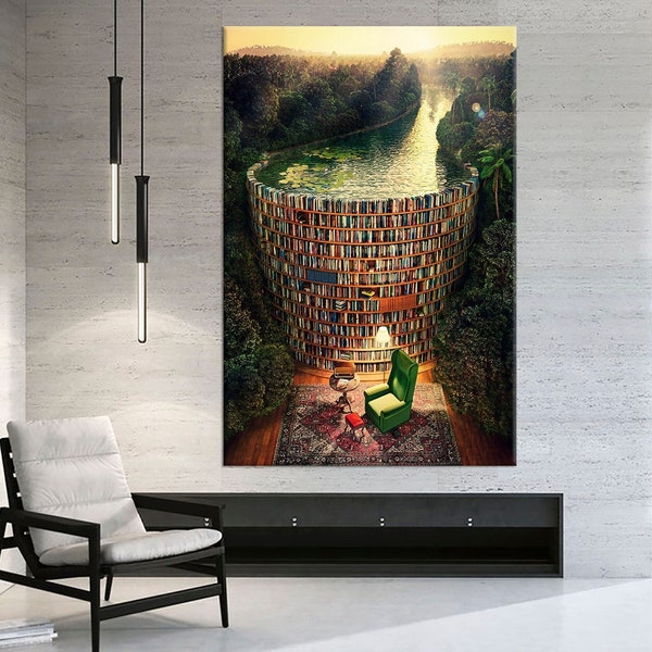 Surreal Library canvas wall art Book Dam Home Library decor Surreal art print Library wall art Living room decor