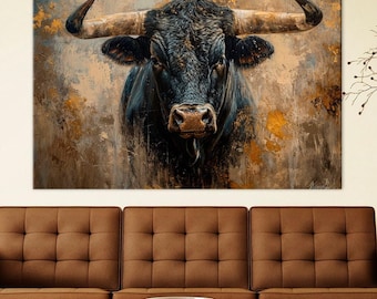 Lienzo impreso de toro negro, arte de pared rústico de granja.